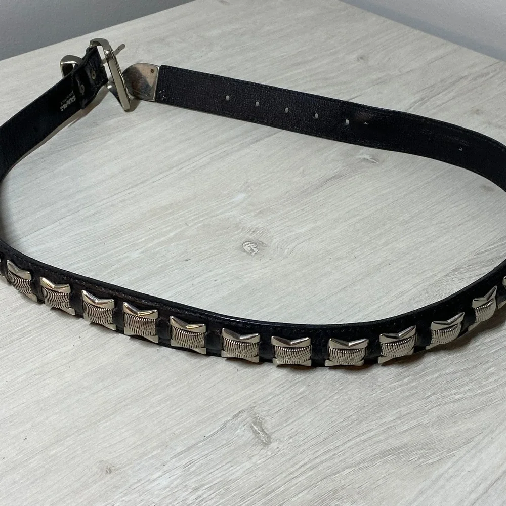 Manni Black Leather Western Concho Belt Made in Italy Silver Engraved Hardware